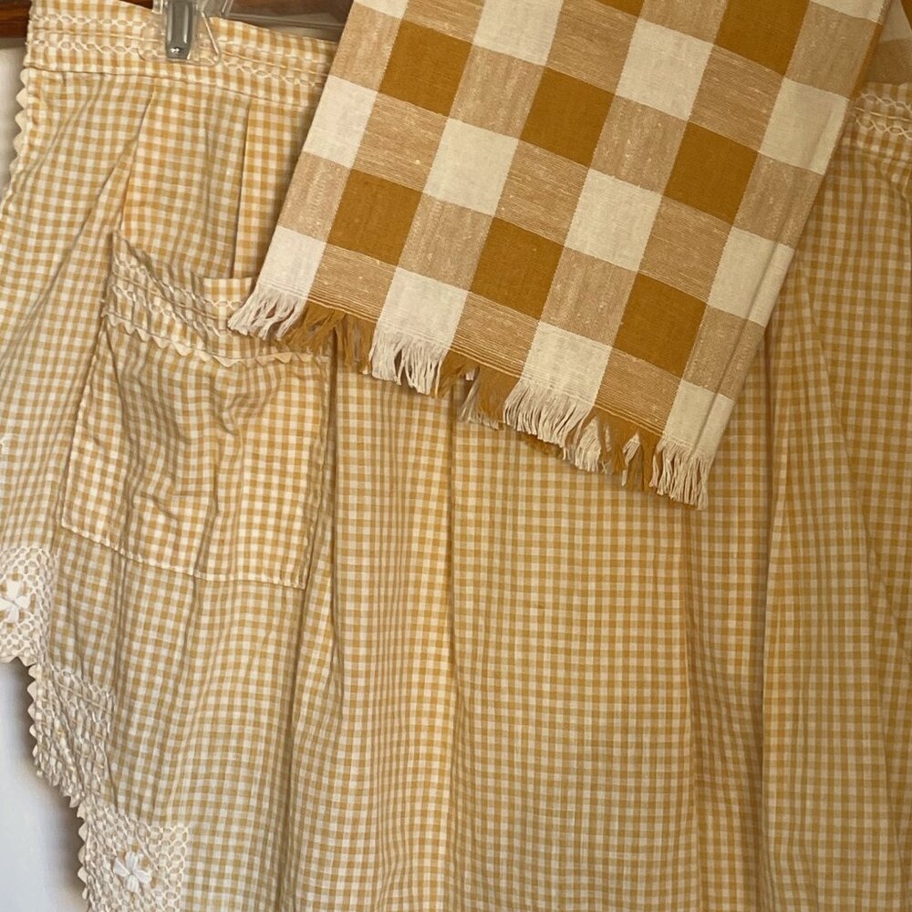 Adorable Pair of Vintage Yellow & White Gingham Hostess Apron and Kitchen Towel